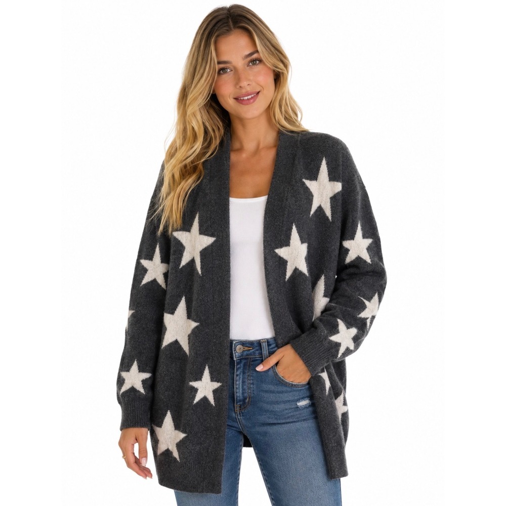 Philosophy Cashmere Cardigan Women S Gray Star Intarsia Open Front Long Sweater